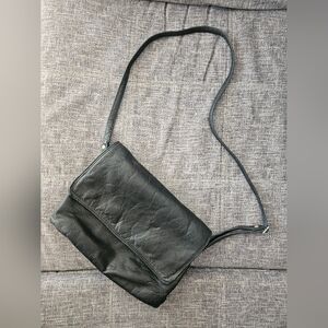 Black Leather Crossbody Purse with Tartan Lining